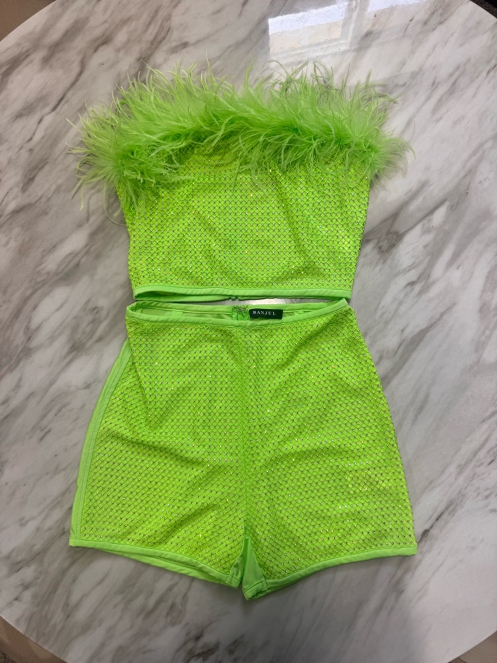 Banjul Neon Green Feather Trim Two-Piece Romper Set
